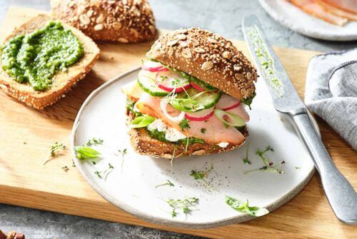 Sandwich aus Vollkornbrot mit Pute, Rucola, Radieschen, Gurke, Walnuss-Pesto und Kresse, appetitlich angerichtet.